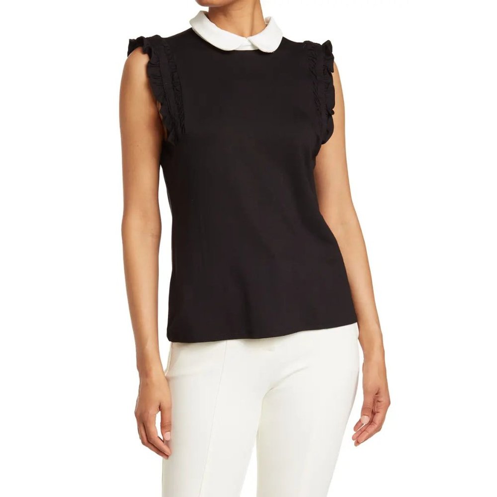 NEW CeCe Ruffle Contrast Peter Pan Collar Sleeveless Tank Blouse Top $59 Small S - Picture 2 of 12